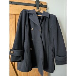Lands' End Women's Pea Coat Size 16W Navy Blue Wool Blend Anchor Buttons‎